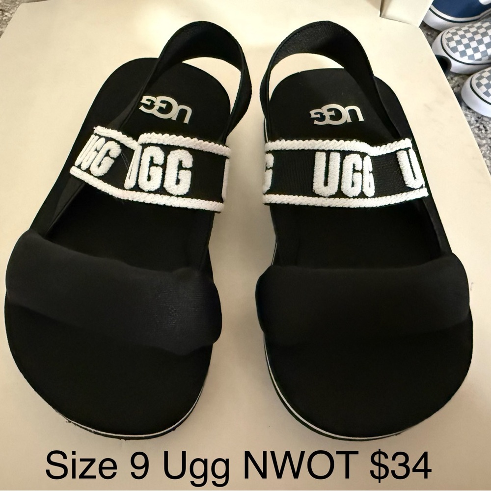UGG Black Slide Sandals with White Accents